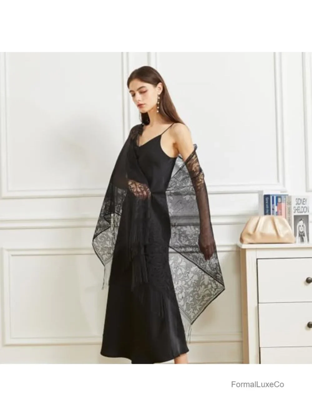 Lace Shawl Wrap with Fringe Evening Wedding Floral Party